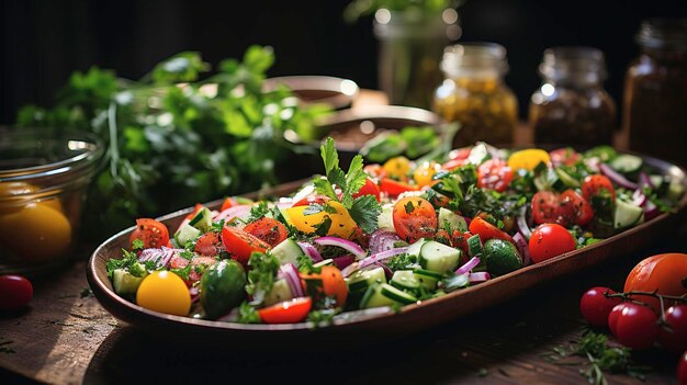 Fresh vegetable salad in a plate on the table Tomato cucumber onion Generative AI