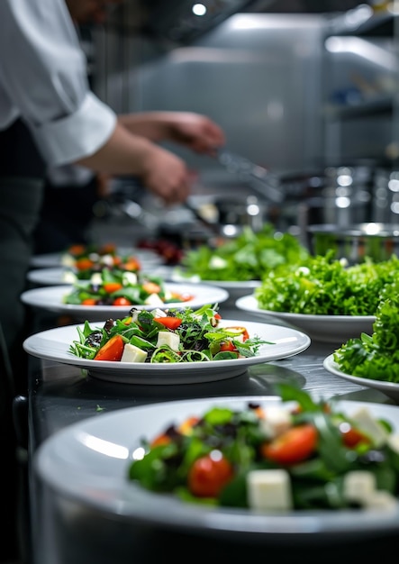 Fresh vegetable salad prepared on the table in a professional kitchen