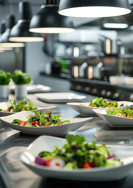 Fresh vegetable salad prepared on the table in a professional kitchen
