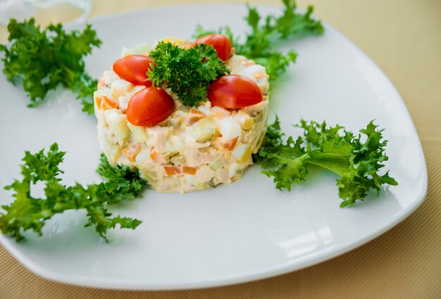 Fresh vegetable salad on the white plate. Restaurant