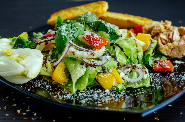 Fresh vegetable salad with bread, tuna and fennel