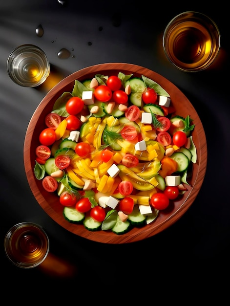 Fresh vegetable salad with feta cheese cherry tomatoes and cucumbers in a wooden bowl on a black