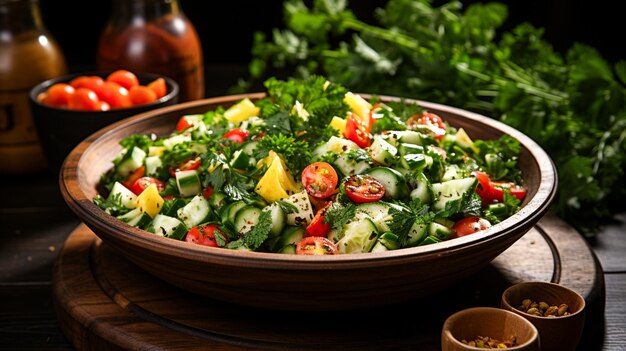 Fresh vegetable salad with parsley and cilantro on wooden bowl