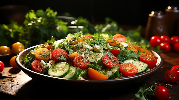 Fresh vegetable salad with parsley and cilantro on wooden bowl