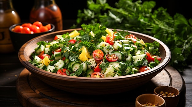 Салат из свежих овощей с петрушкой и кинзой на деревянной миске