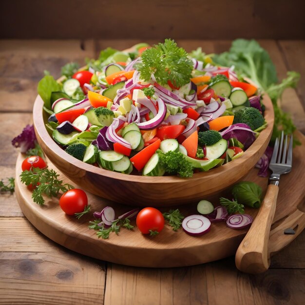 Fresh Vegetable Salad on a Wooden Platter