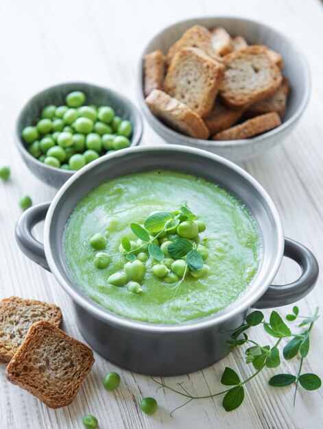 Fresh vegetable soup made of green peas