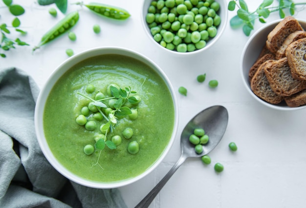 Fresh vegetable soup made of green peas