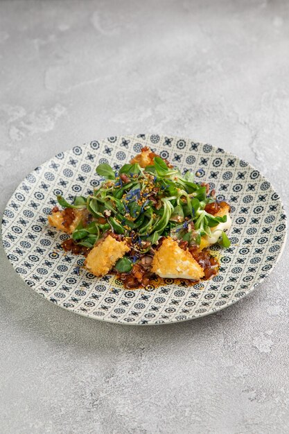 fresh vegetable on vintage autumnal salad with fried pumpkin two fresh salad bowls