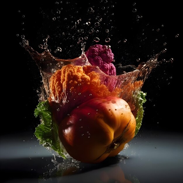 Fresh vegetable with water splash isolated on black background creative photo