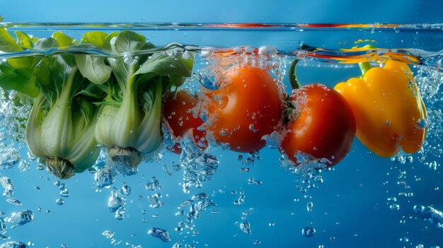 写真 青い背景の新鮮な野菜と水のスプラッシュ