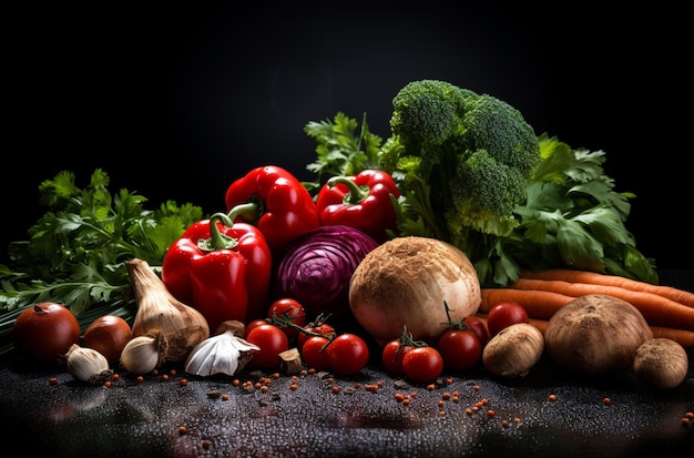 Fresh vegetables arranged on a black background