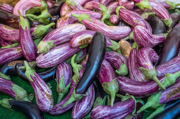 Fresh vegetables aubergines eggplant on farmer agricultural market