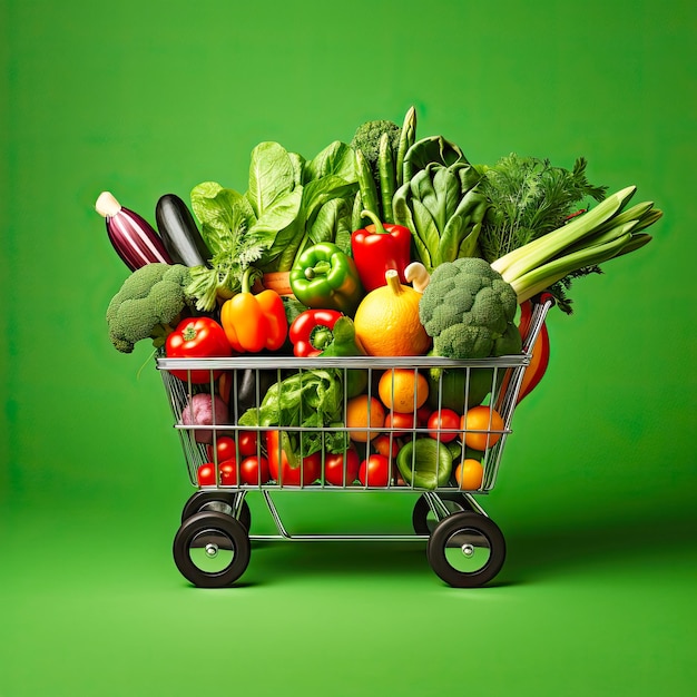 fresh vegetables in a basket on a green background