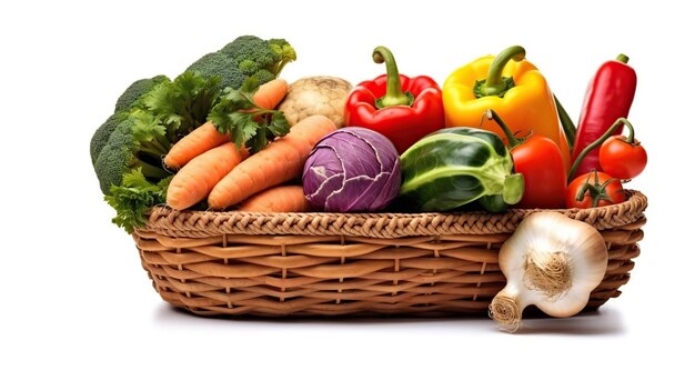 Fresh vegetables in basket on white background Generative AI