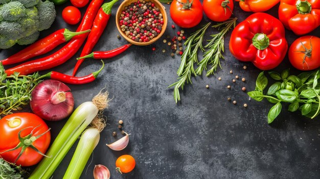 Fresh vegetables on black background Variety of raw vegetables Colorful various herbs and spices f