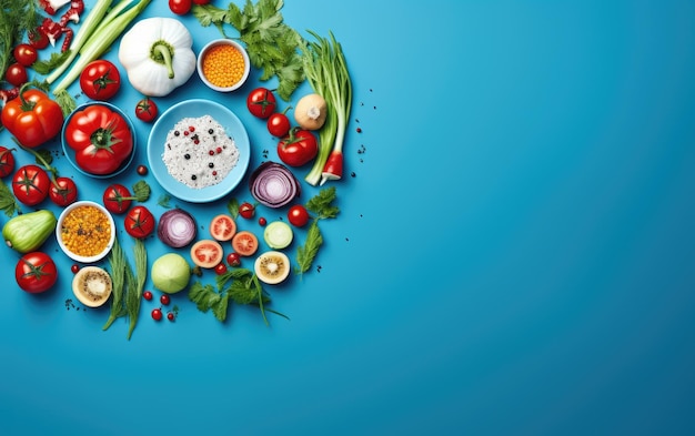 Photo fresh vegetables on blue background healthy food concept top view