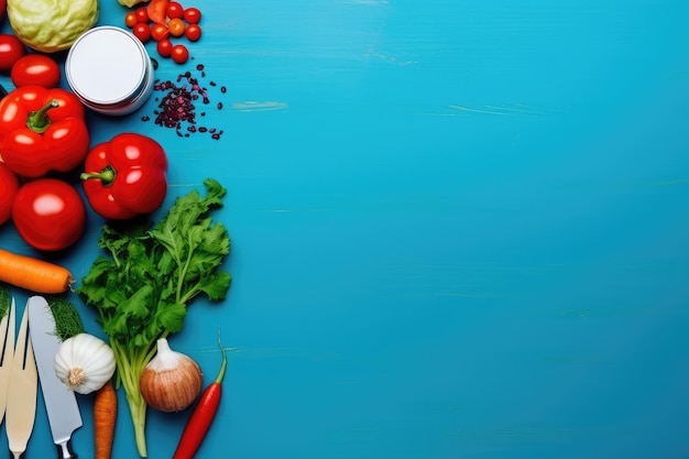 Photo fresh vegetables on a blue wooden background top view with copy space