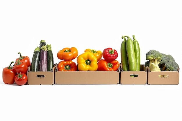 Fresh vegetables in cardboard boxes isolated on white background Generative AI