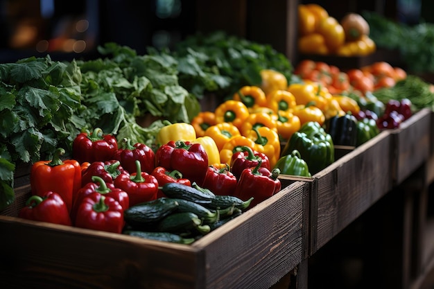 Fresh vegetables in cardboard boxes on market