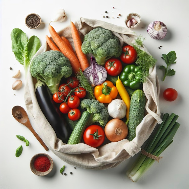 Fresh vegetables in a cloth bag on a white background