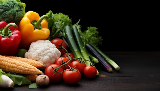 fresh vegetables and corn on black background in baskets