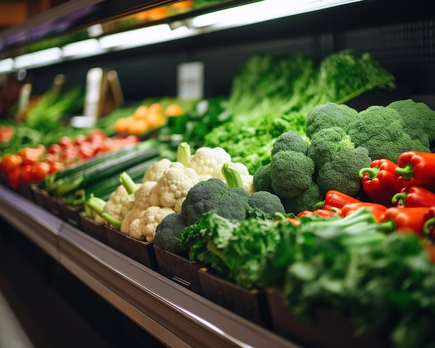 fresh vegetables on the counter in a supermarket concept of abundance and healthy eating