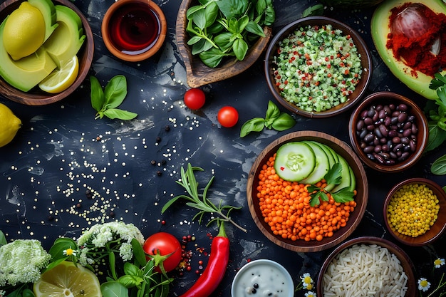 Fresh vegetables on a dark background top view Flat lay