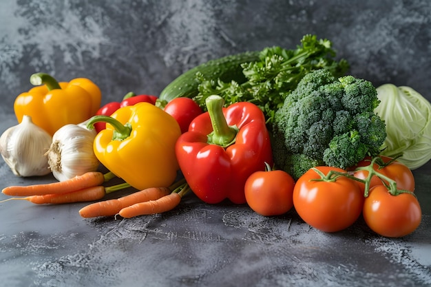 Fresh vegetables on a dark background top view Flat lay