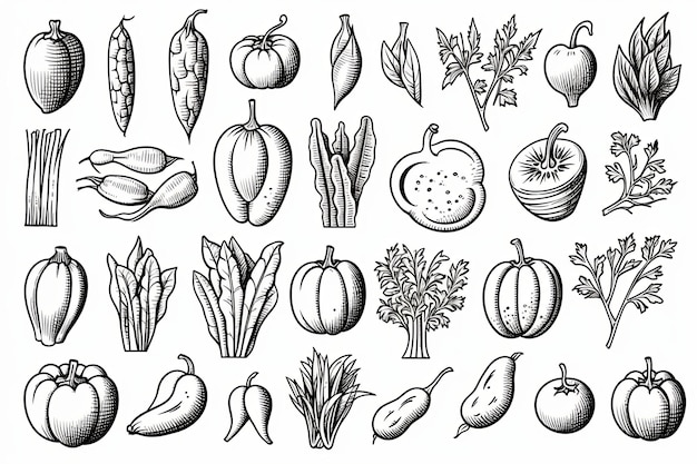 写真 新鮮な野菜のドードルラインアートアイコンセットと白い背景の手描きの健康食品クリパートイラスト