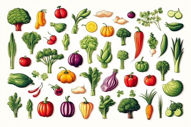 Fresh vegetables doodle line art icon set and Hand drawn healthy food clipart illustration on white background