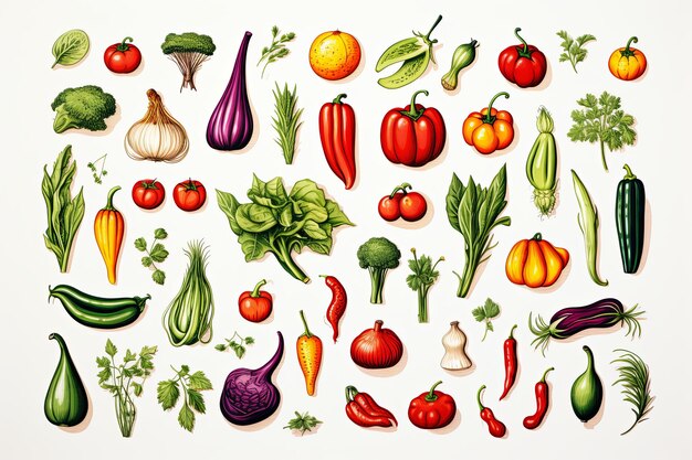Свежие овощи с рисунками и иллюстрацией здоровой пищи на белом фоне