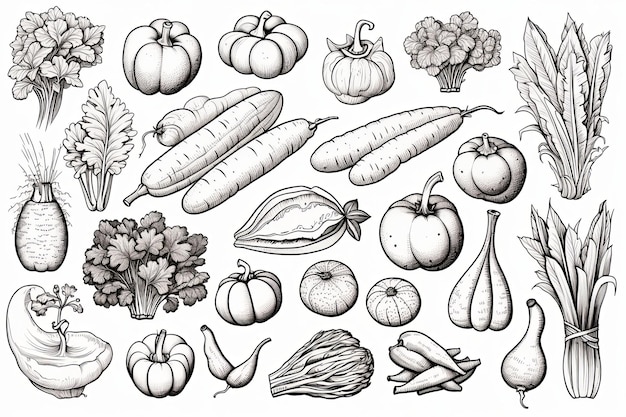 Fresh vegetables doodle line art icon set and Hand drawn healthy food clipart illustration on white background