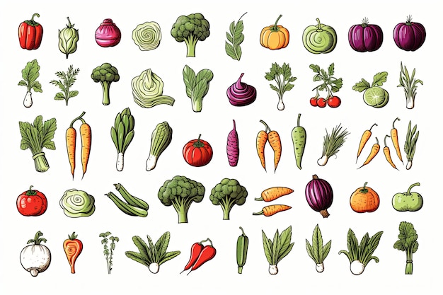 Свежие овощи с рисунками и иллюстрацией здоровой пищи на белом фоне