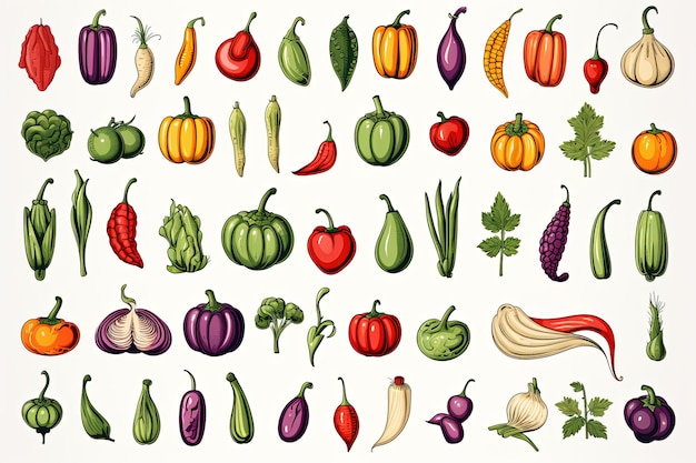 Fresh vegetables doodle line art icon set and Hand drawn healthy food clipart illustration on white background