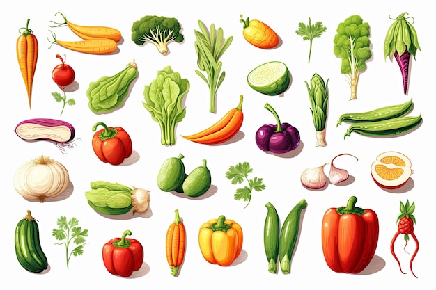 Fresh vegetables doodle line art icon set and Hand drawn healthy food clipart illustration on white background