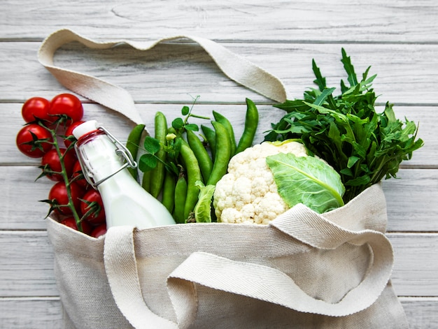 Fresh vegetables in eco cotton bag