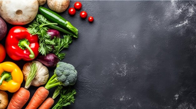 Photo fresh vegetables elegantly arranged on a dark concrete canvas