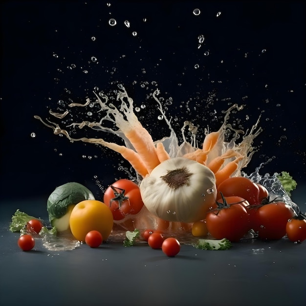 Fresh vegetables falling into water with splash on black background Healthy food concept