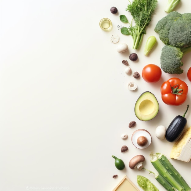 Fresh vegetables and fruits arranged on a white surface ai