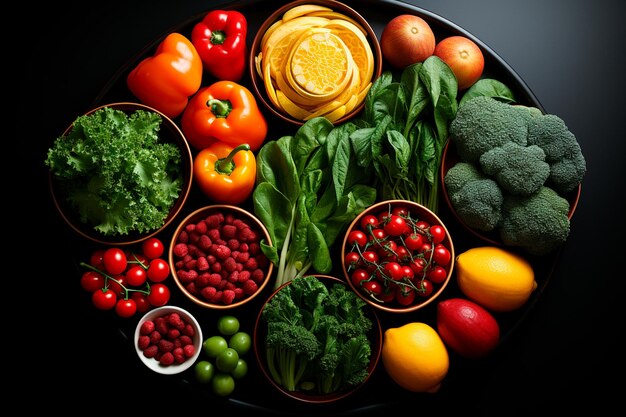 fresh vegetables and fruits on black background