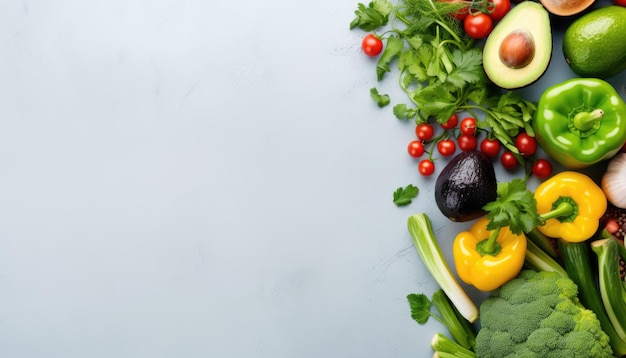 Fresh vegetables and fruits on a blue background Healthy food concept