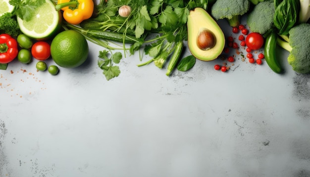 灰色の背景の新鮮な野菜と果物のトップビュー テキストのスペース