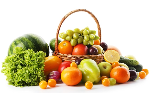 Fresh vegetables and fruits isolated on white