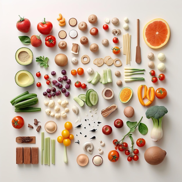 Fresh vegetables and fruits knolling composition Healthy natural organic food Generative AI