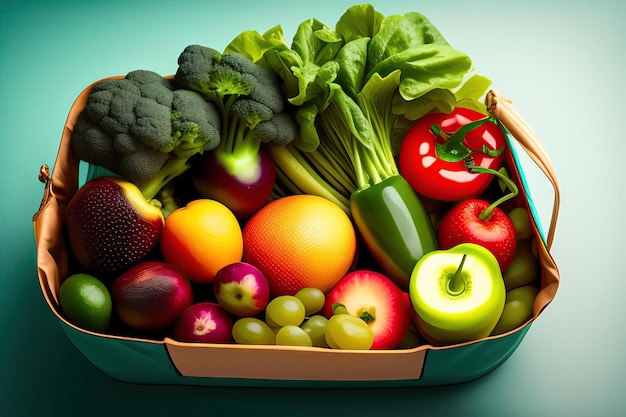 Свежие овощи и фрукты в бумажной сумке.
