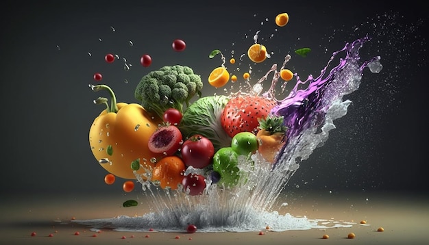 Свежие овощи и фрукты с брызгами воды Сгенерировано AI