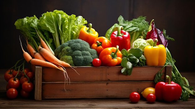 Fresh vegetables and fruits in wooden box organic