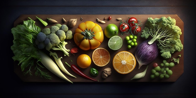 Fresh vegetables fruits on wooding board top view