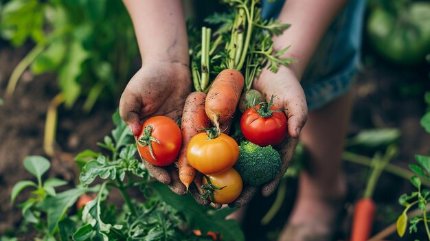 Fresh vegetables in the hands of a man and a child selective focus Generative AI